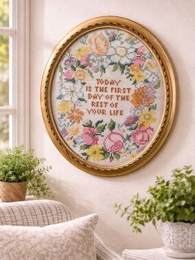 Floral Cross Stitch Wall Art - 'Today is the First Day'